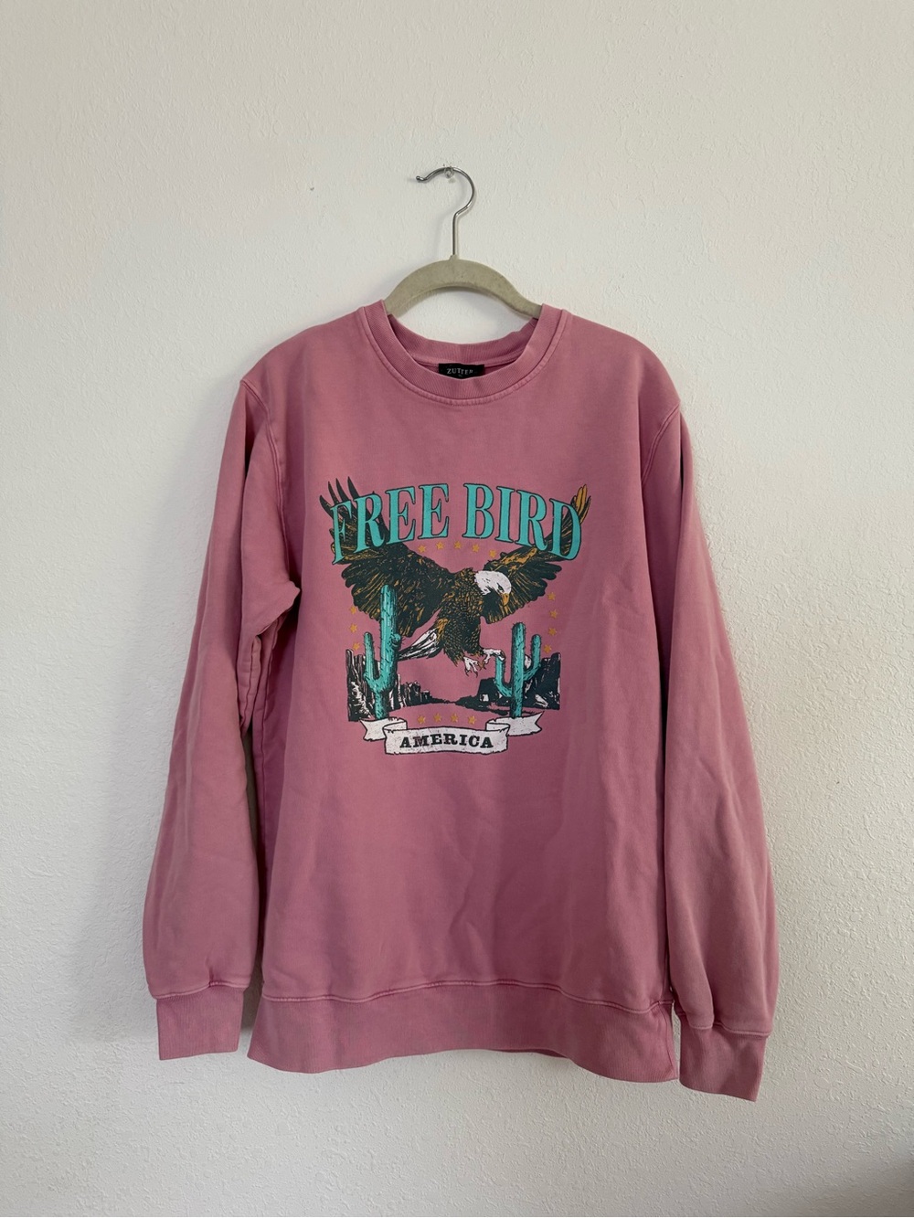 Free Bird Graphic Crewneck Sweatshirt - Pink 100% Cotton S/M